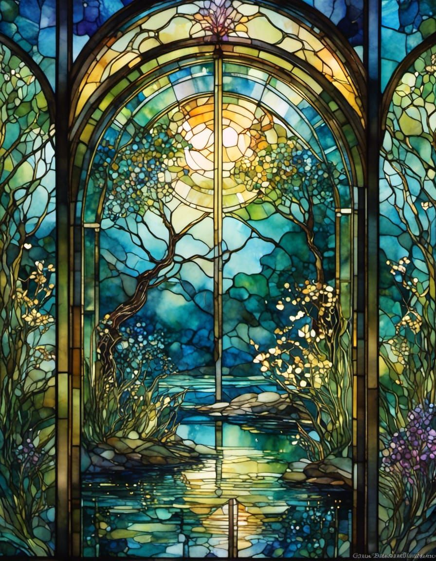 Art Nouveau Sylph Reflection in Stained Glass