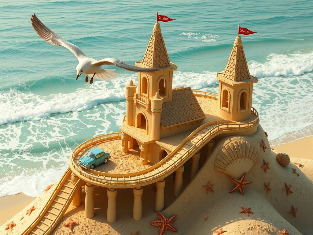 Sandcastle Rollercoaster on a Sunny Beach in Whimsical Style