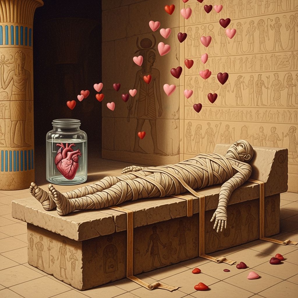 Surreal Mummy Oil Painting with Raining Hearts