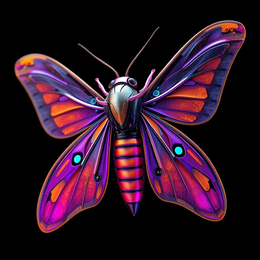 Cyborg Moth with Metallic Wings, Detailed Concept Art