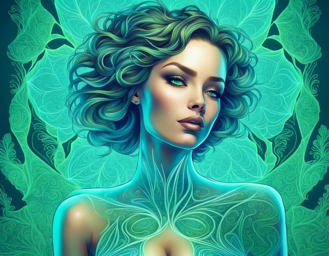 Neon Woman with Fractal Bloom Background