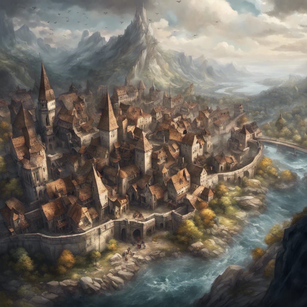 D&D Town Map: Hyperrealistic Overhead View