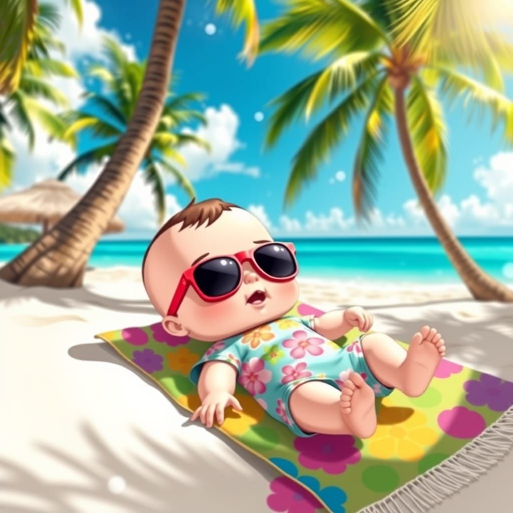 Chibi Baby Soaks Up Tropical Sun in Whimsical Hawaiian Scene