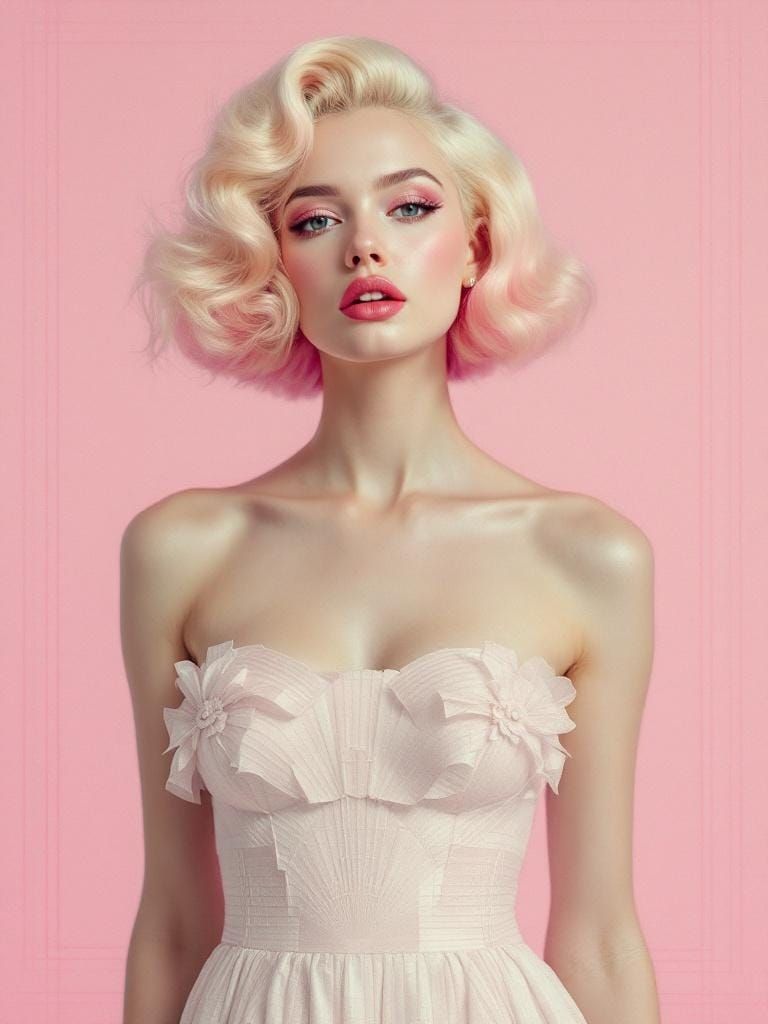 Blonde Pin-Up with Geometric Layers in Atmospheric Style