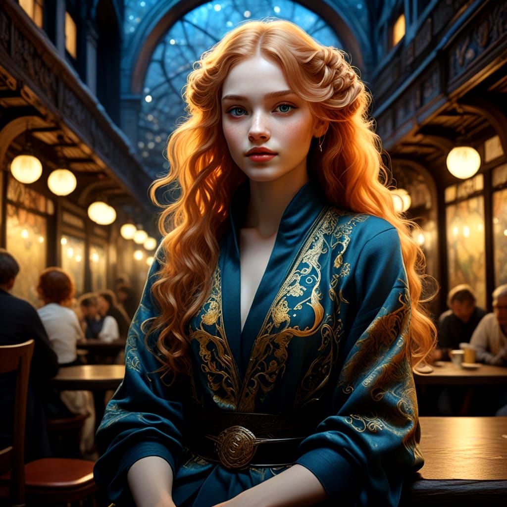 Cozy Cyberpunk Café Scene with Anime-Inspired Cyborg Medusa