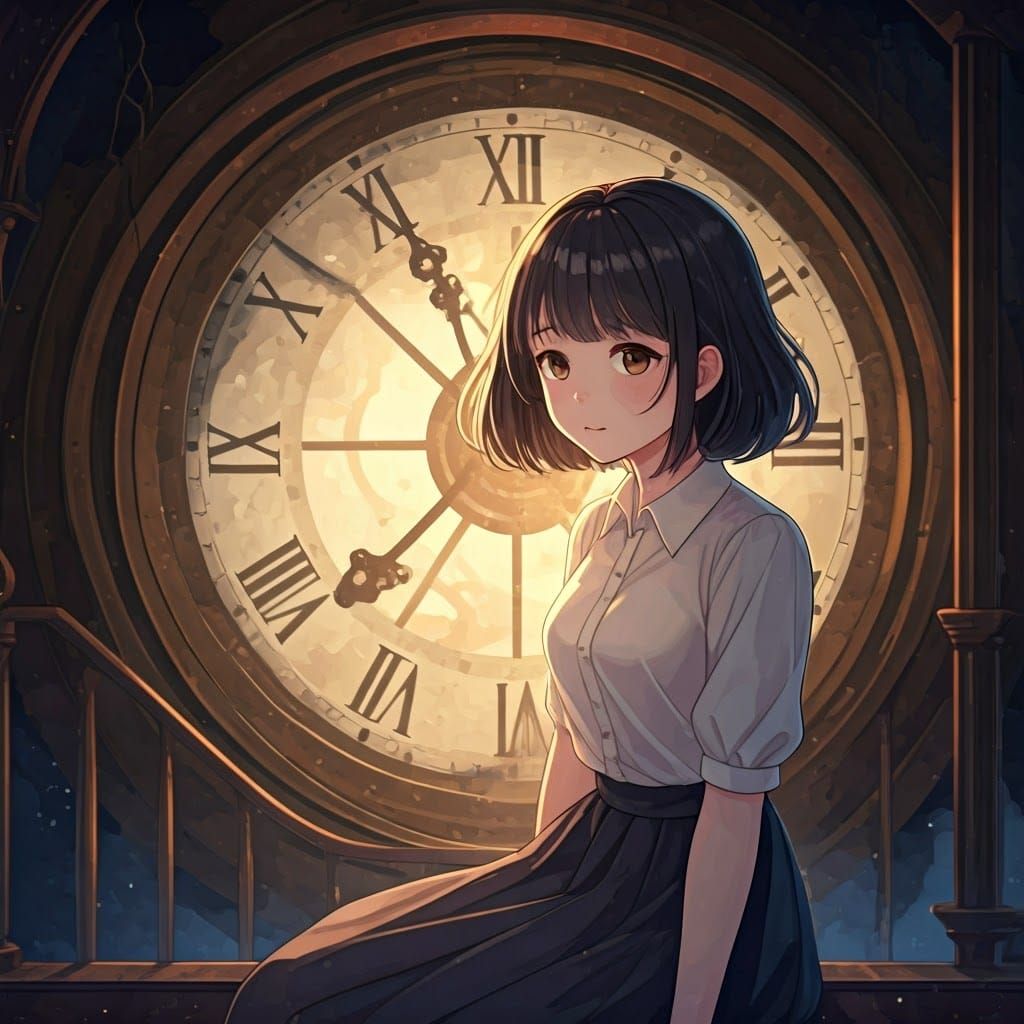 Anime Woman in Clock Tower, Dreamlike Art