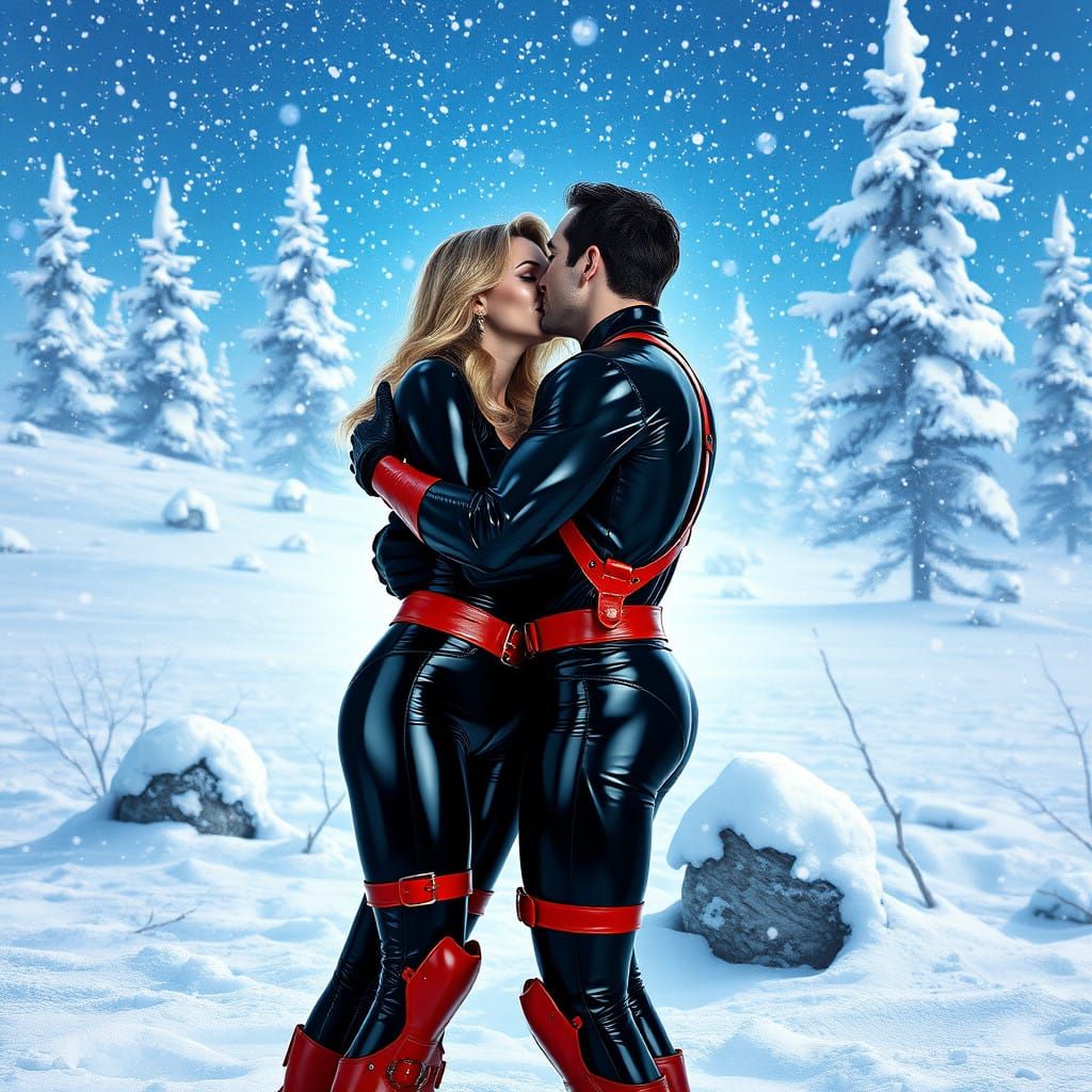 Middle-Aged Couple in Love Clad in High-Gloss Latex Catsuits...