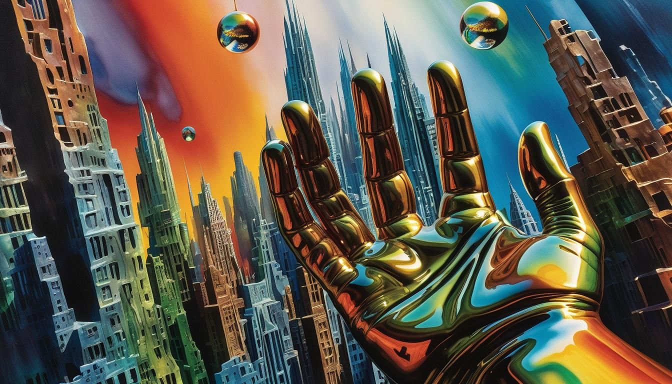 Surreal Hands Float Above Melted Cityscape