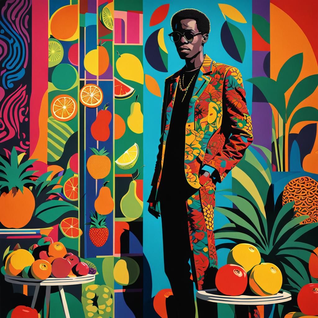 Pop Art: Confident Figure Amidst Colorful Fruit