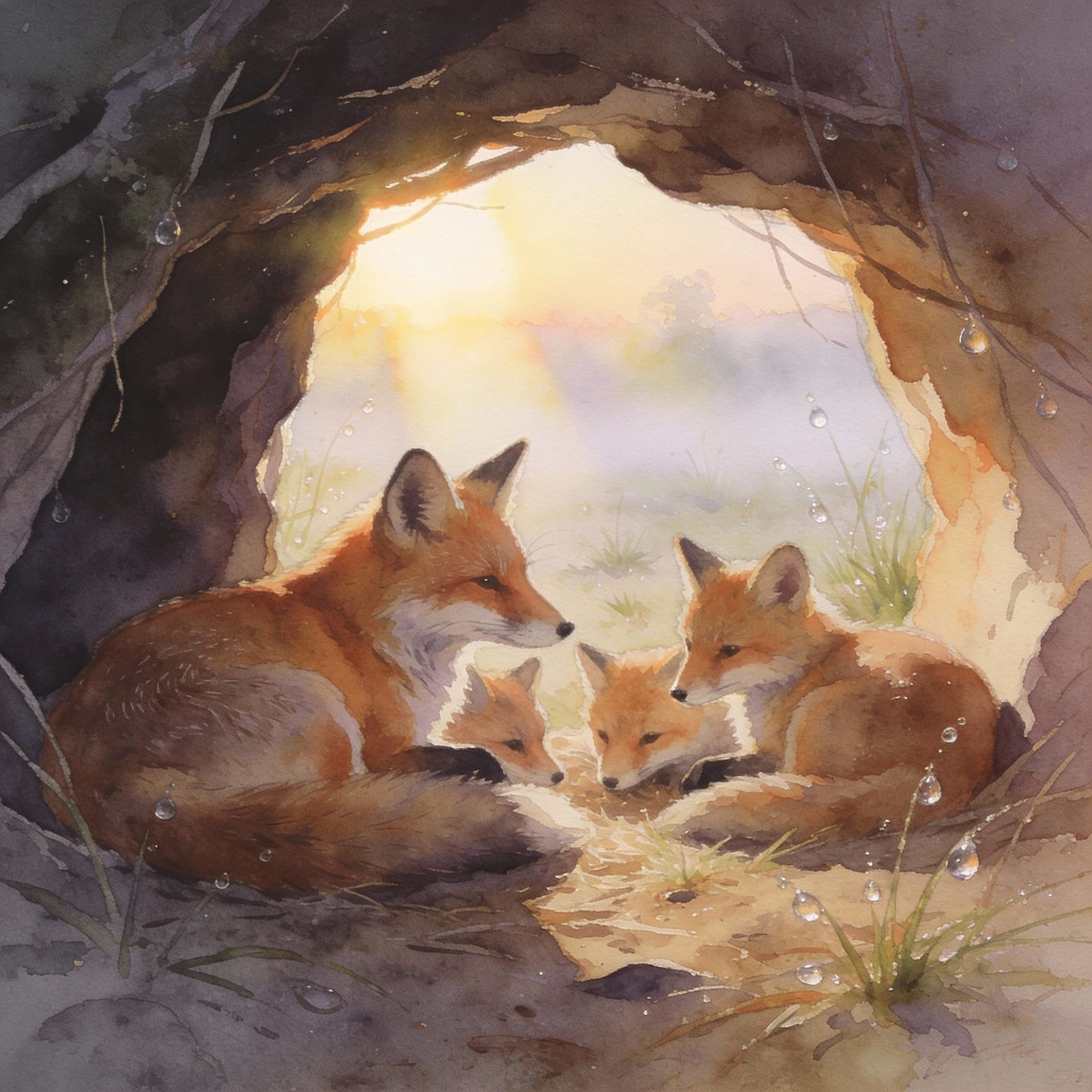 Fox Family Wakes at Dawn in Watercolor Style
