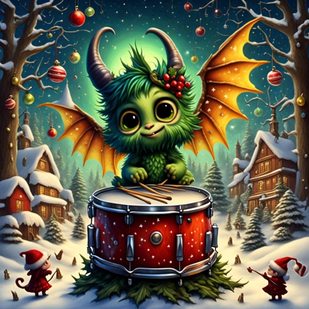 Chibi Christmas Monster Drummer in Forest