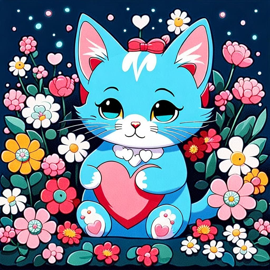 Cute Blue Kitten with Flowers in Pop Art Style