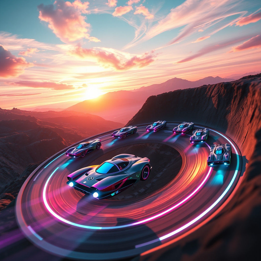 Futuristic Cars Race on Circular Track in Dreamlike Landscap...