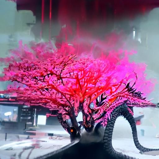 Cyberpunk Dragon Burns Cherry Tree in Neon Style