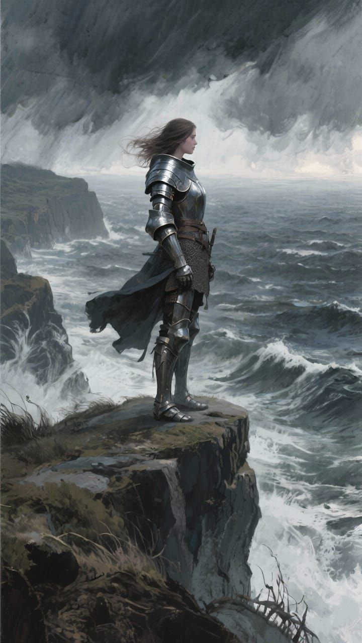 Knight Woman on Stormy Cliff, Moody Digital Painting