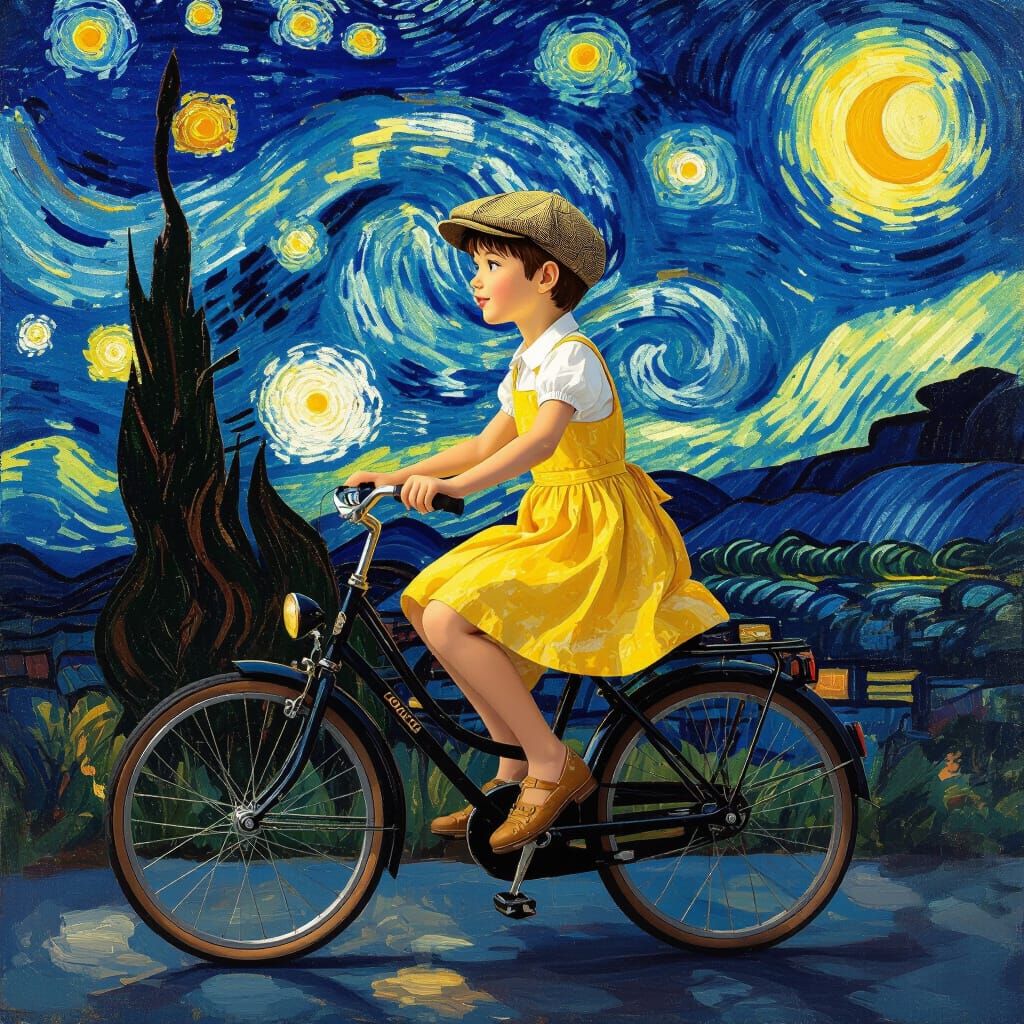 Boy on Bicycle in Starry Night Dreamscape