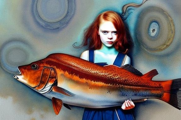 Hyperrealistic Portrait of Redhead Holding Fish