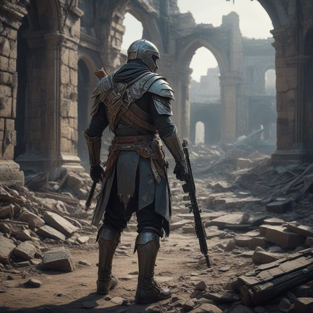 Cyberpunk Bounty Hunter in Ruins