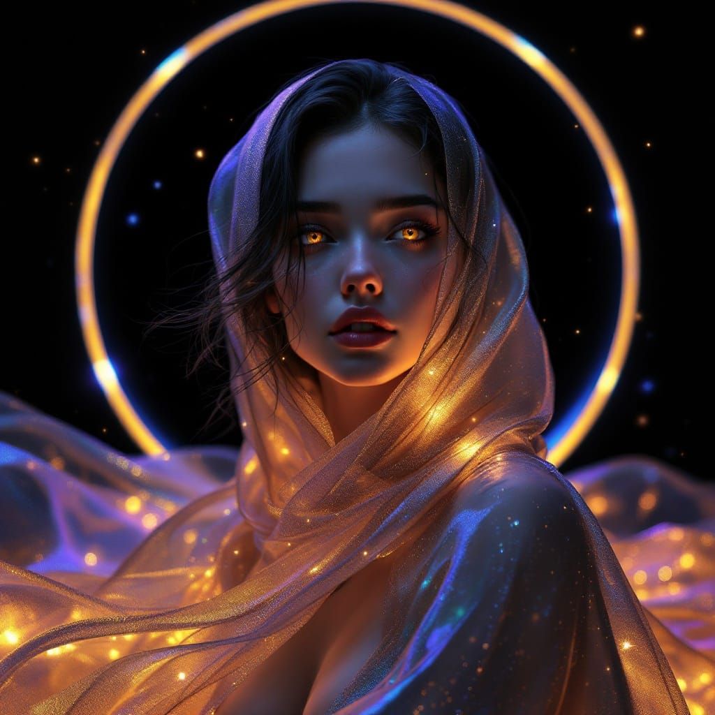 Mysterious Ethereal Goddess in Iridescent Cloak