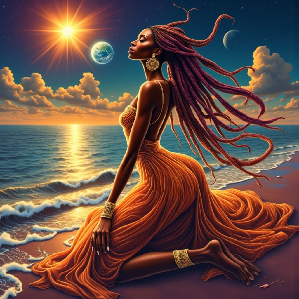 Elegant African Woman in Cosmic Fantasy Digital Painting