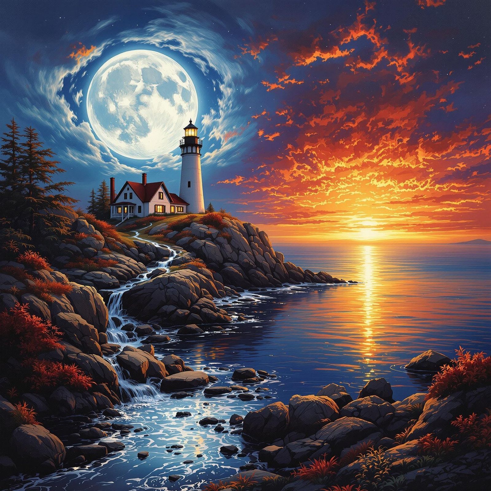 Lighthouse at Dusk with Moonrise and Sunset