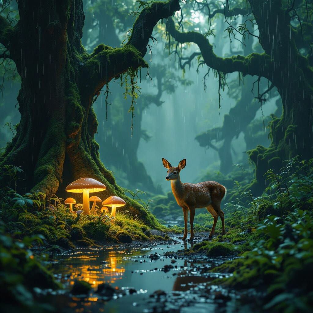 Deer in Mystical Forest with Glowing Mushrooms