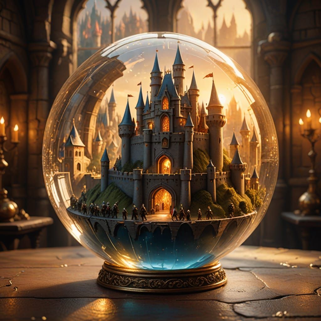Miniature Castle Jousting Inside Glass Sphere: Fantasy Art