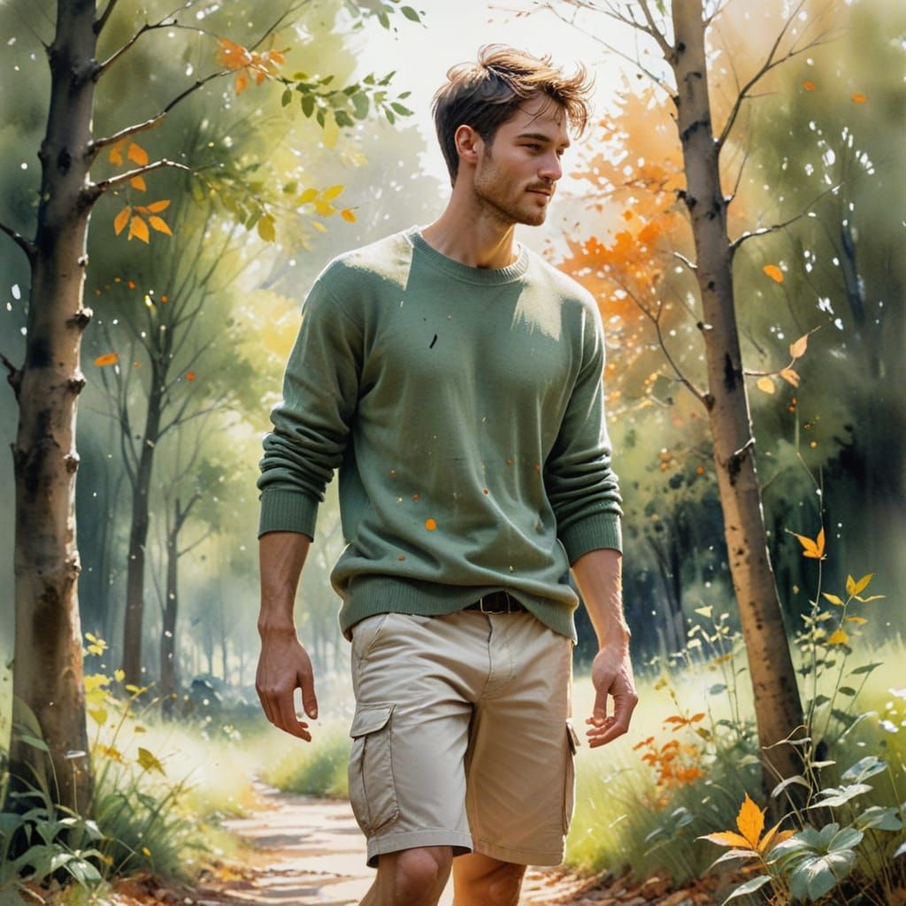 Man in Park at Summer to Autumn Transition, Watercolour Styl...