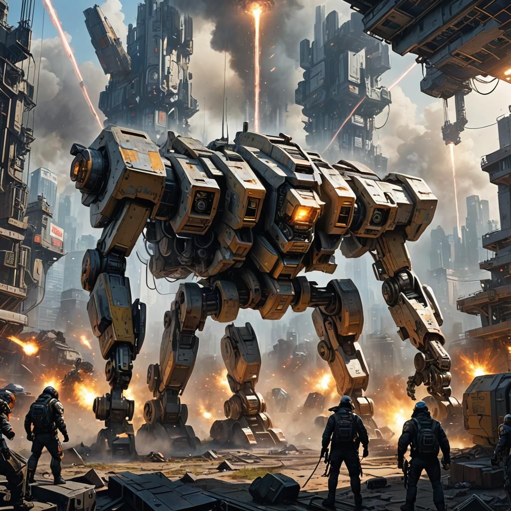 Futuristic Mech Battle in Apocalyptic Landscape