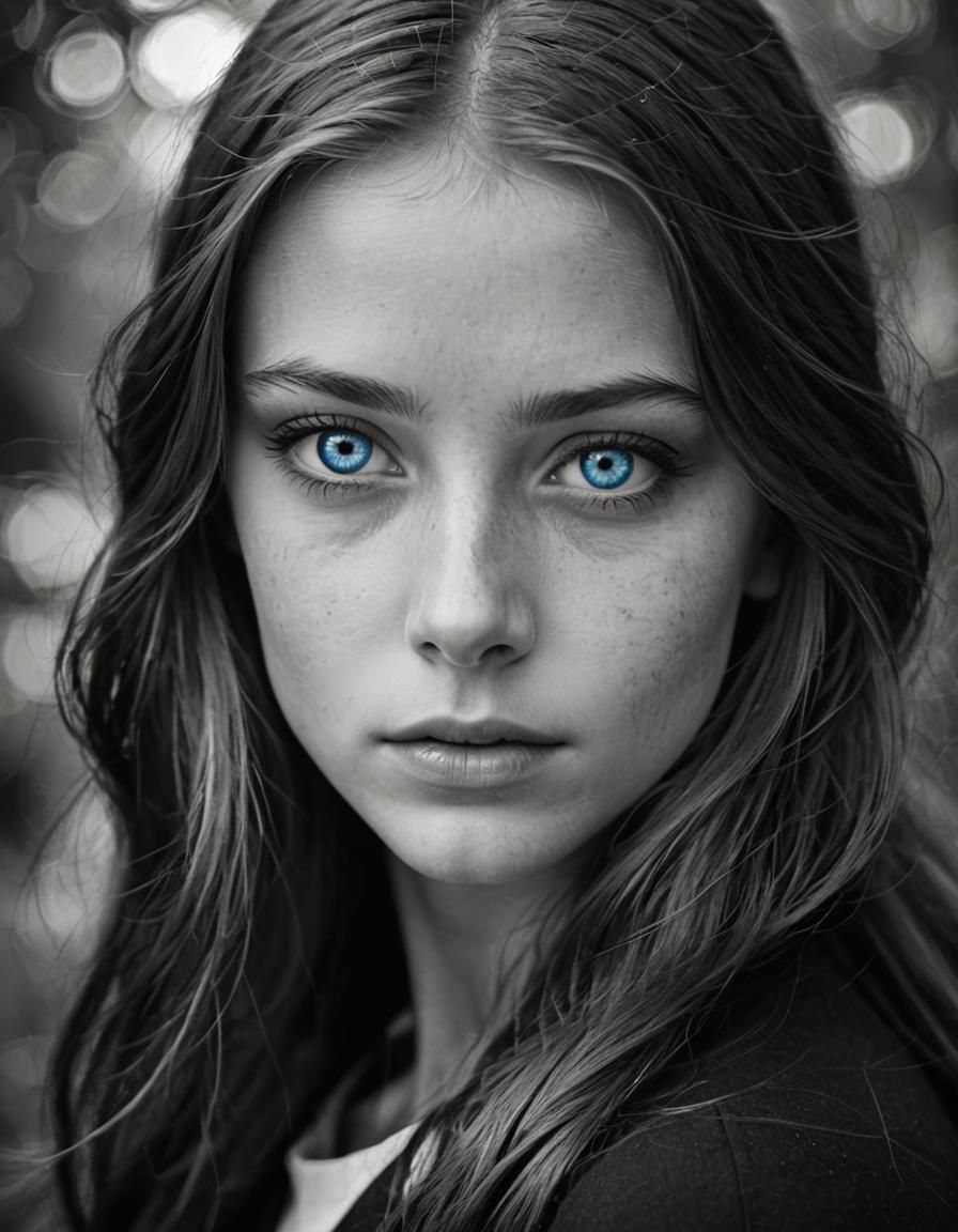 Striking Black and White Portrait with Intense Blue Eyes