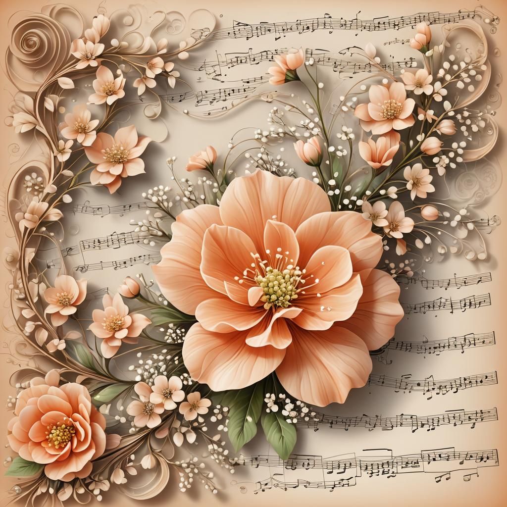 Peach Flowers and Baby's Breath on Sheet Music
