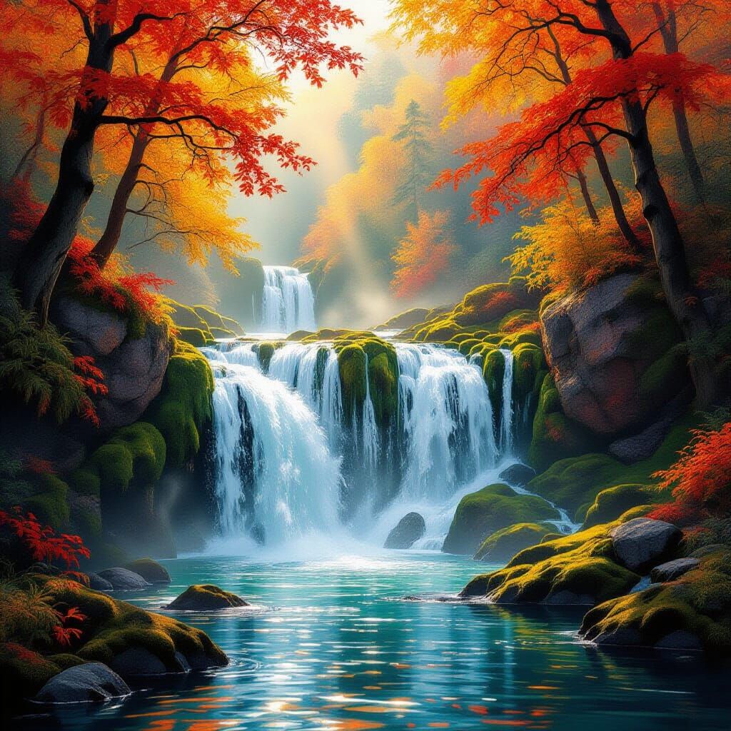Autumn Waterfall Serenity in Impressionistic Style