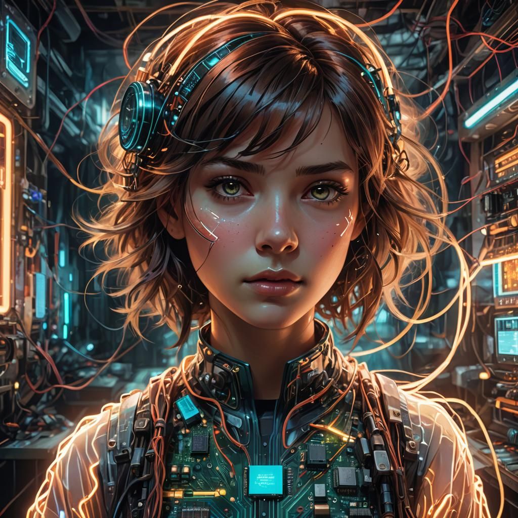 Sci-Fi Portrait with Circuit Board, Art Nouveau