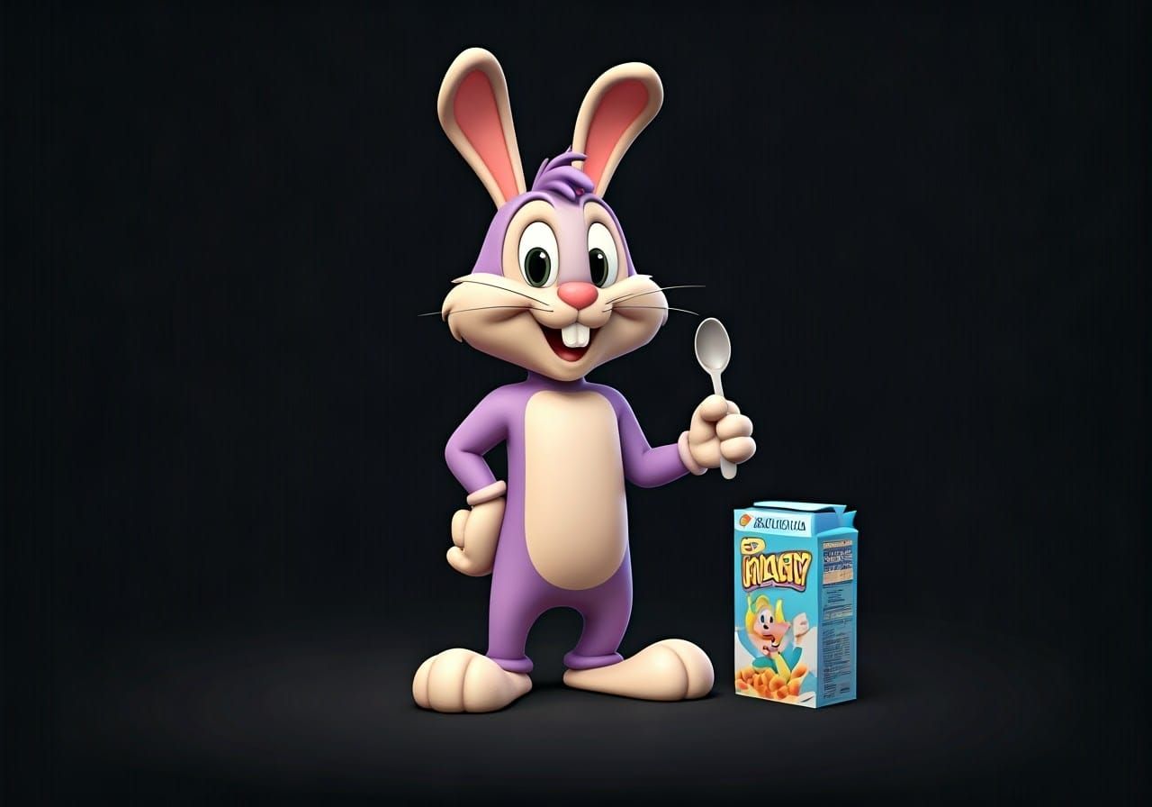 Vibrant Cartoon Rabbit Holds Spoon in Front of Cereal Box