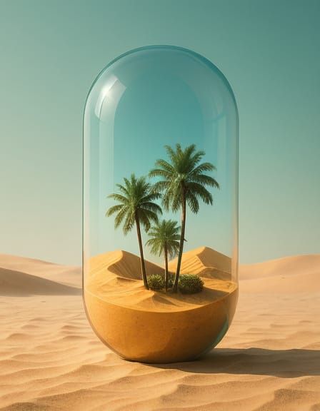 Glass Capsule Oasis in Surreal Desert Landscape