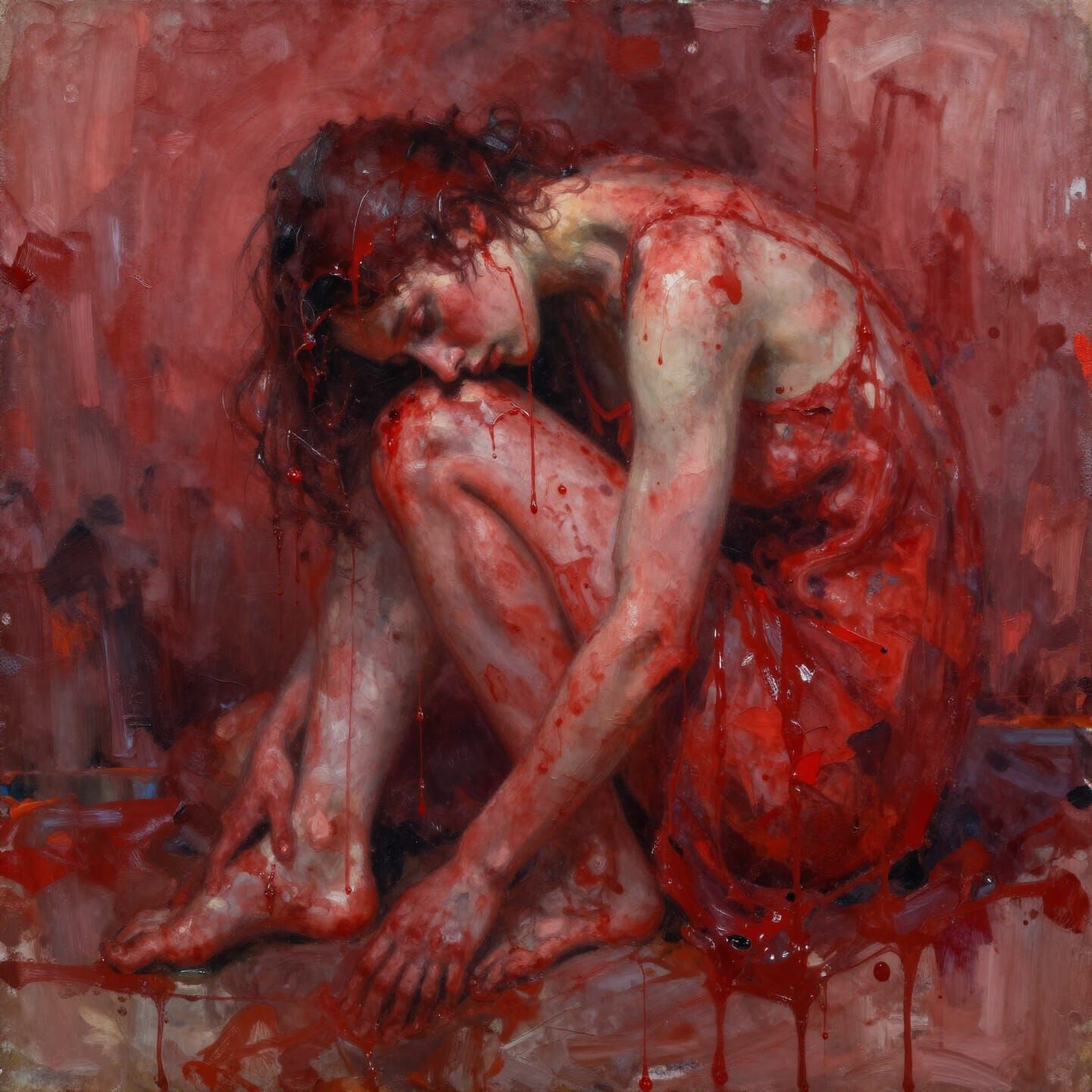 Emotionally Exhausted Figure in Red Impasto Art