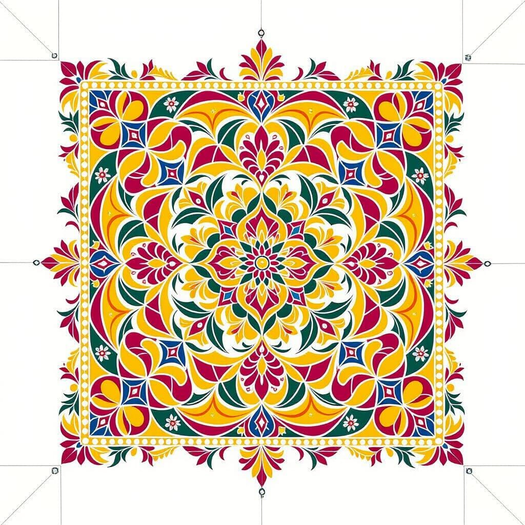 Intricate Geometric Rangoli Art with Vibrant Colors