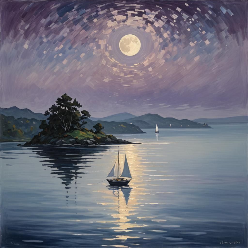 Moonlit Sailboat: A Romantic Landscape Painting