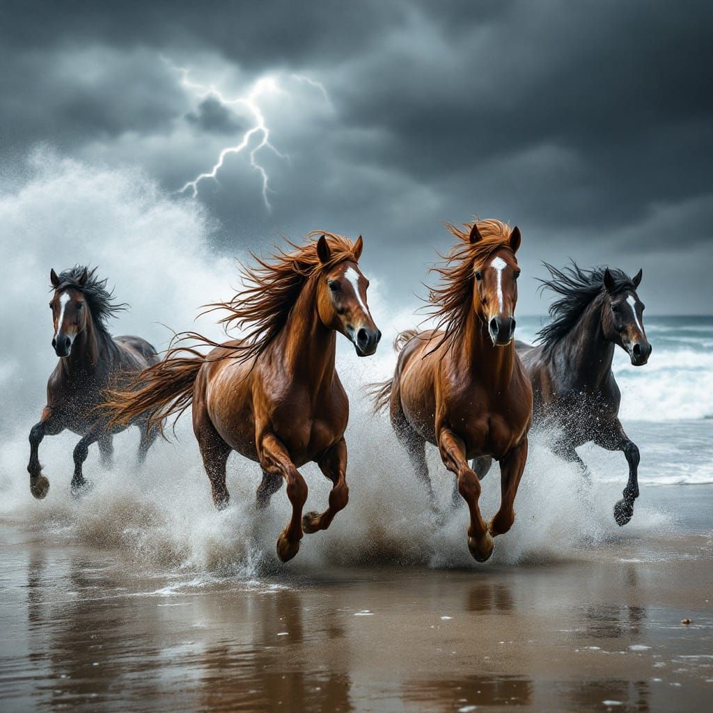 Wild Horses Galloping on Stormy Beach: Atmospheric Photograp...