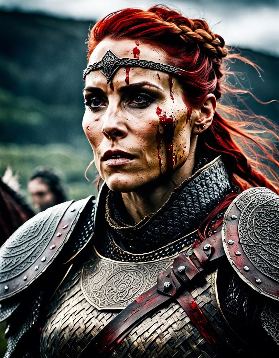 Shield Maiden in Bloody Lace Armor: Cinematic Close-Up