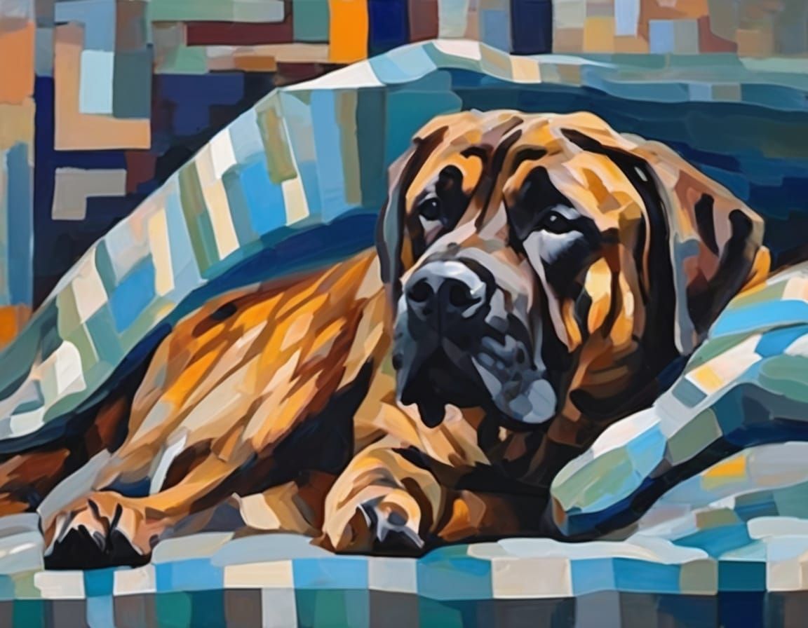 Cubist Impressionist Painting of Sleeping Brindle Mastiff