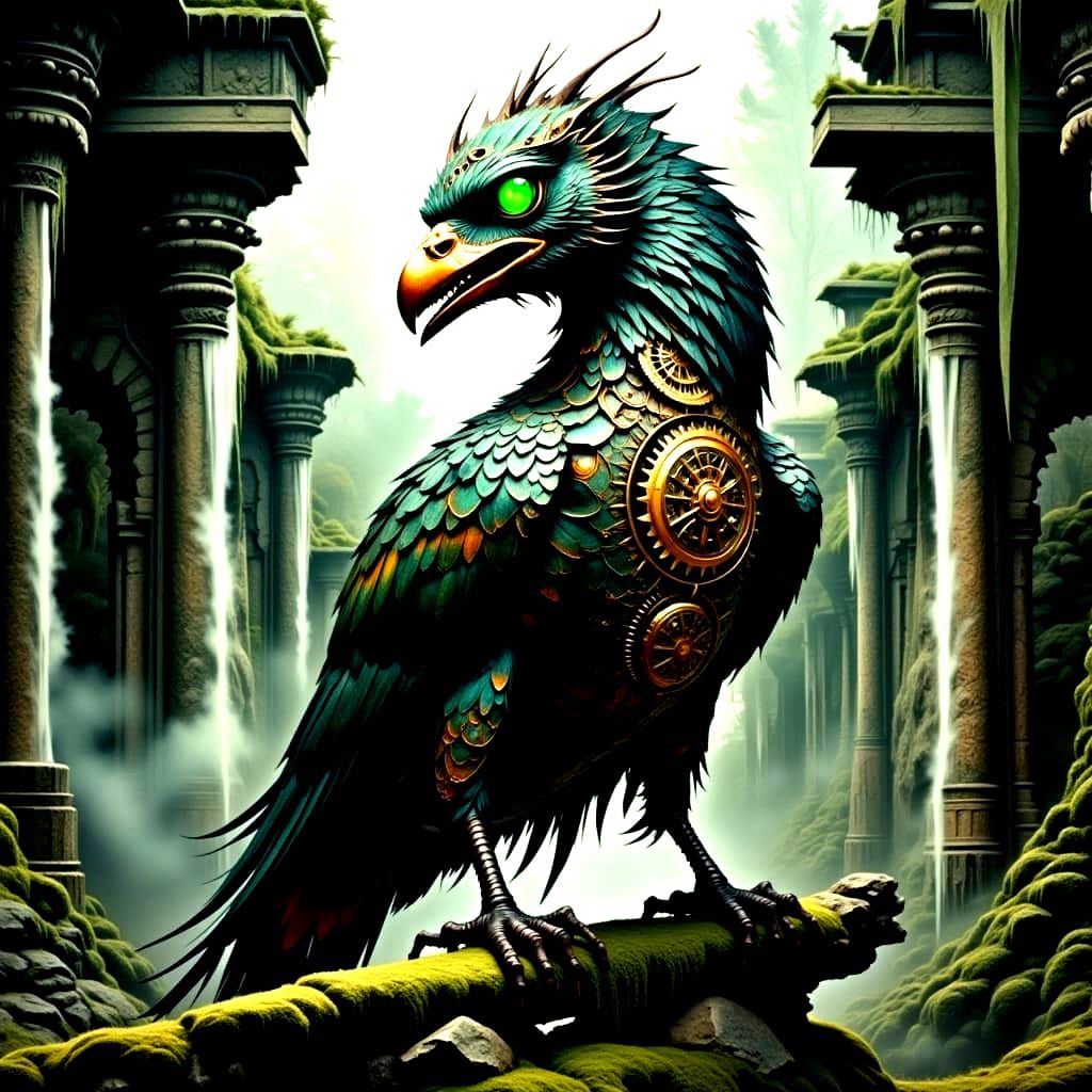 Majestic Mechanical Griffin in Ancient Ruins, Fantasy Concep...