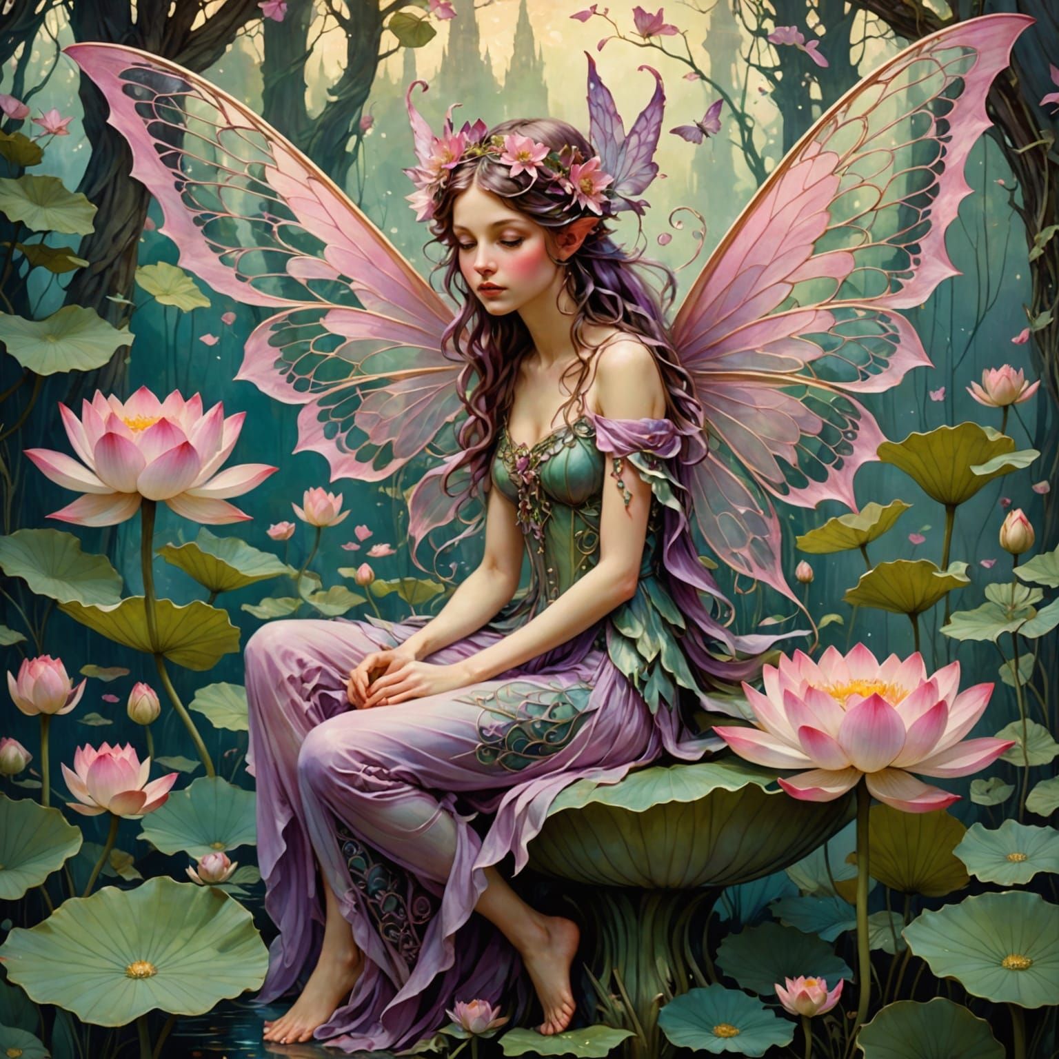 Enchanted Fairy on Lotus Flower in Art Nouveau Style