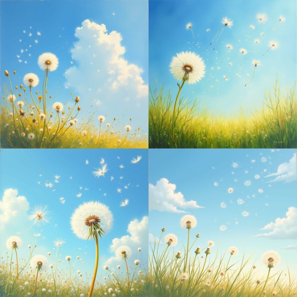 Dandelion Seeds Dancing in a Sunny Sky
