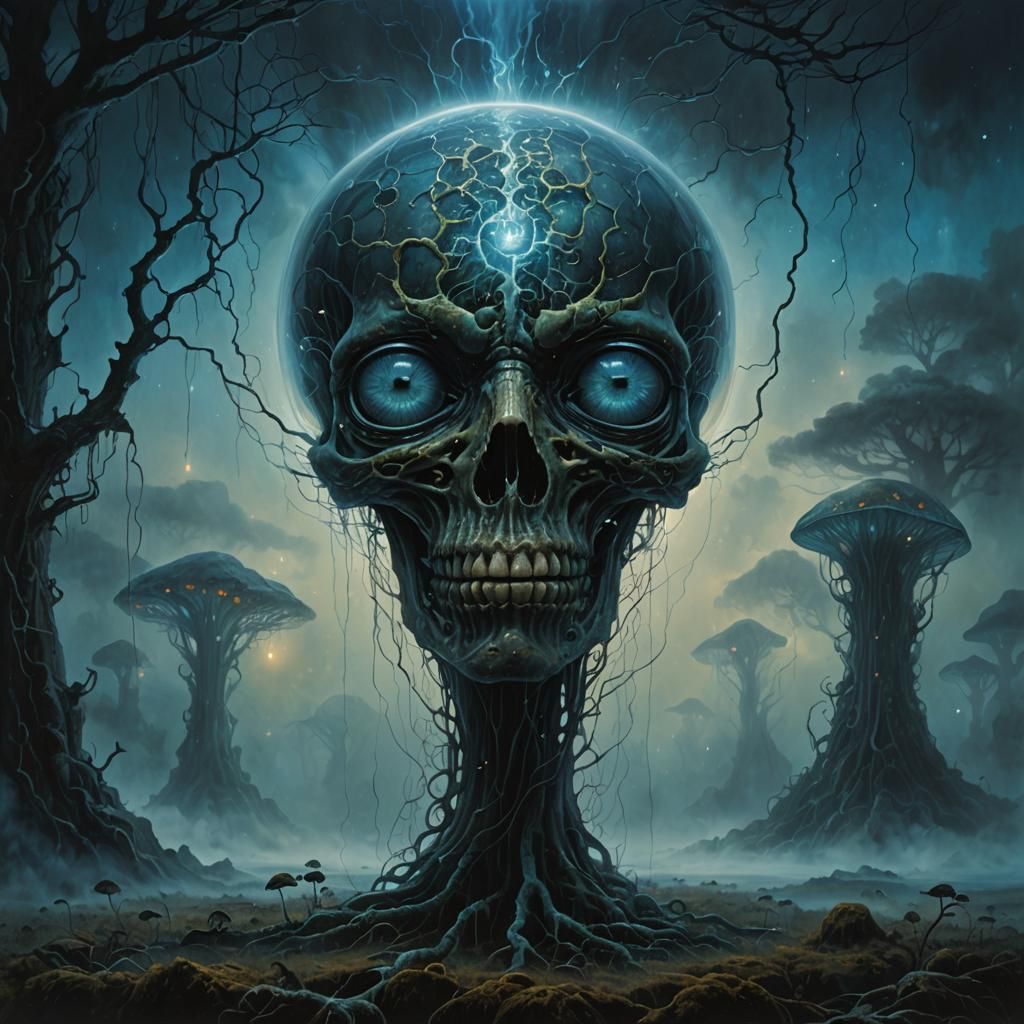 Eerie Dark Fantasy Landscape Inspired by Beksinski