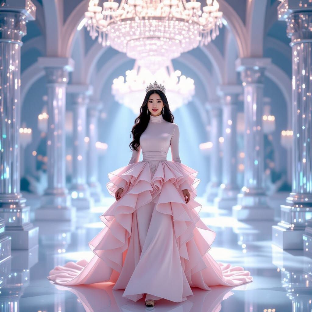 Asian Woman in Crystal Palace with Flowing Hair