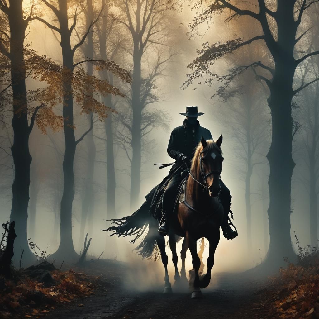 Headless Horseman Rides Through Misty Forest