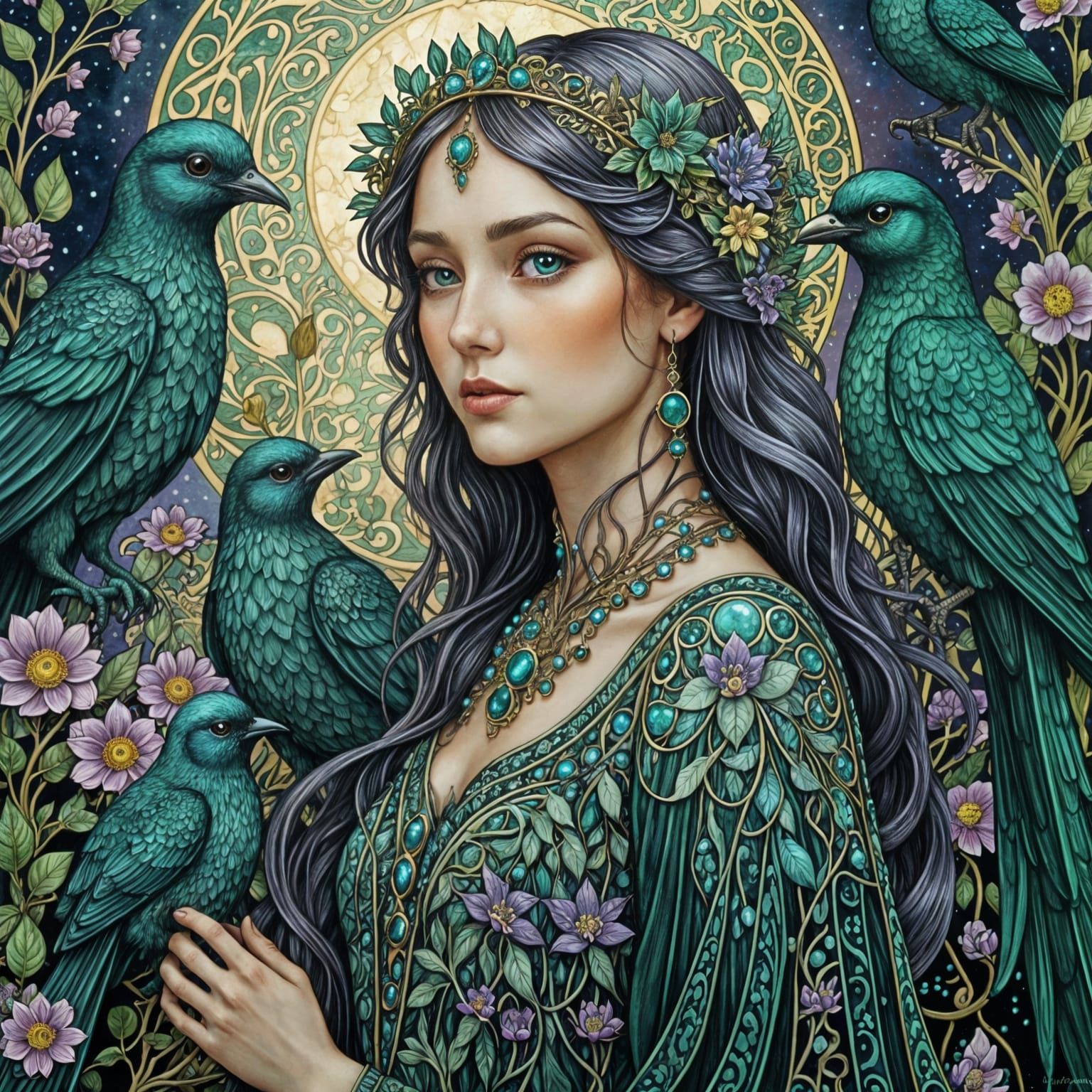 Rhiannon Goddess with Mystical Birds in Klimt & Art Nouveau ...