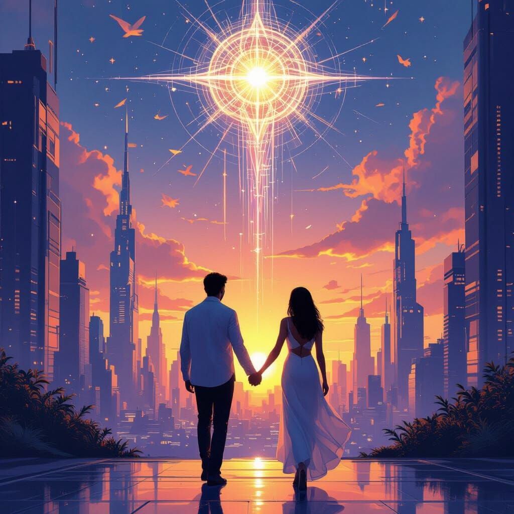 Modern Adam and Eve in Futuristic City with Ethereal God