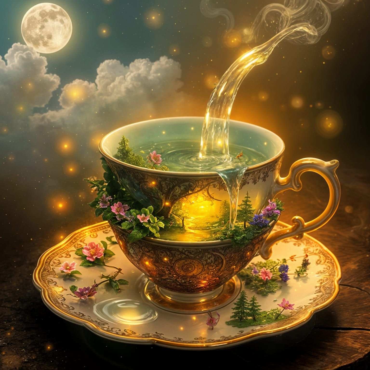 Teacup Waterfall with Forest Garden, Fantasy Art